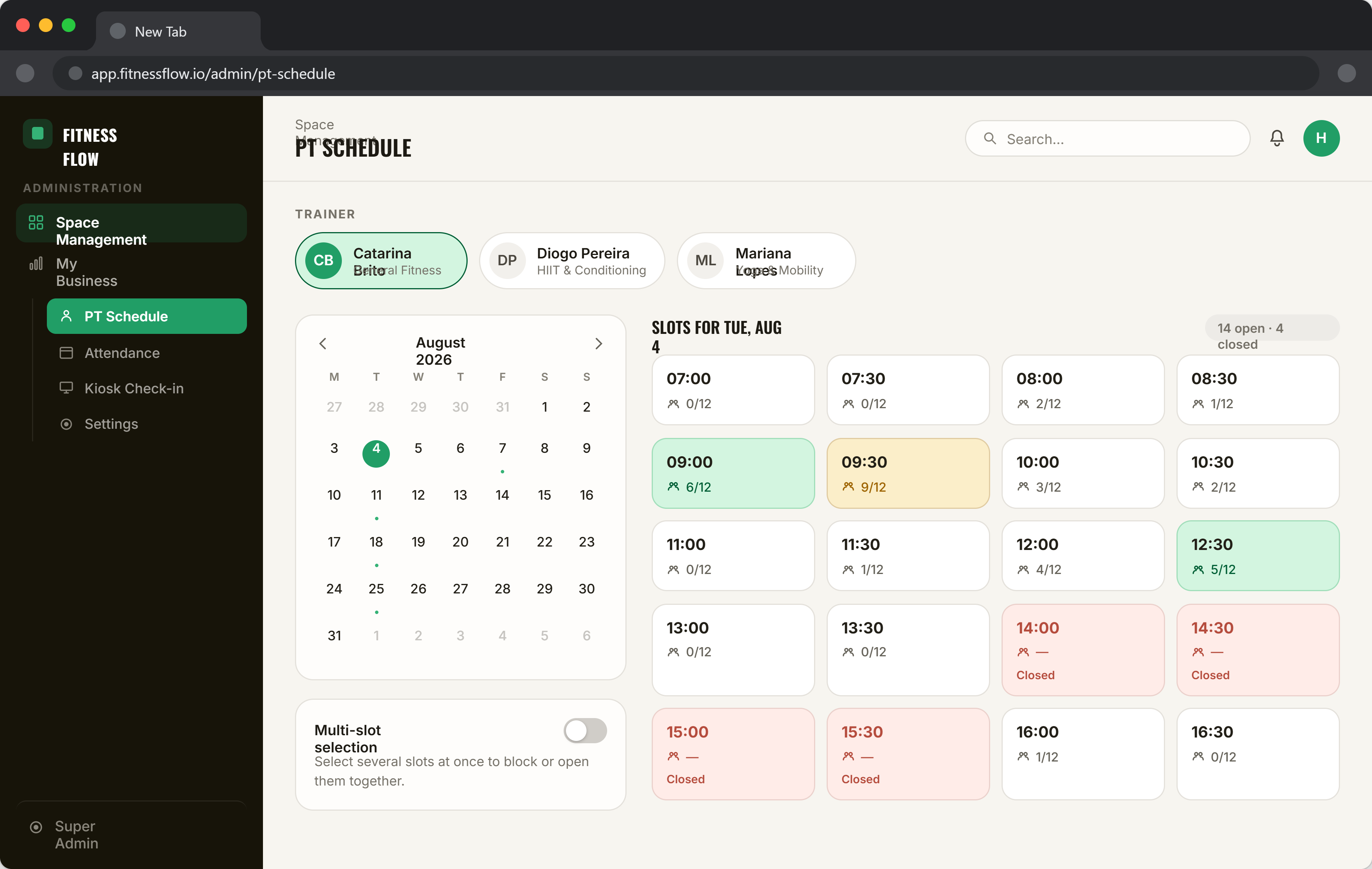 Painel de administração Booking Fitness