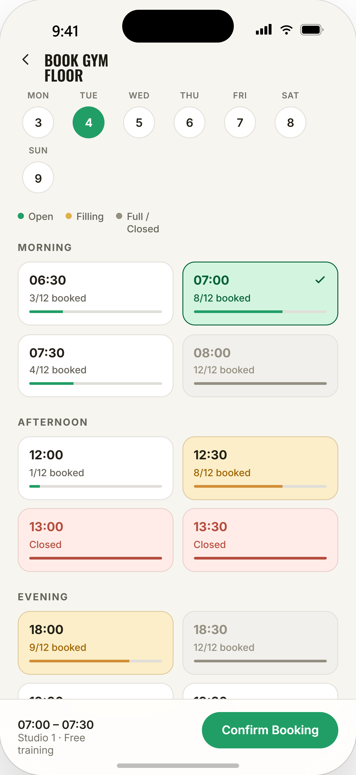 Calendário de reservas Booking Fitness
